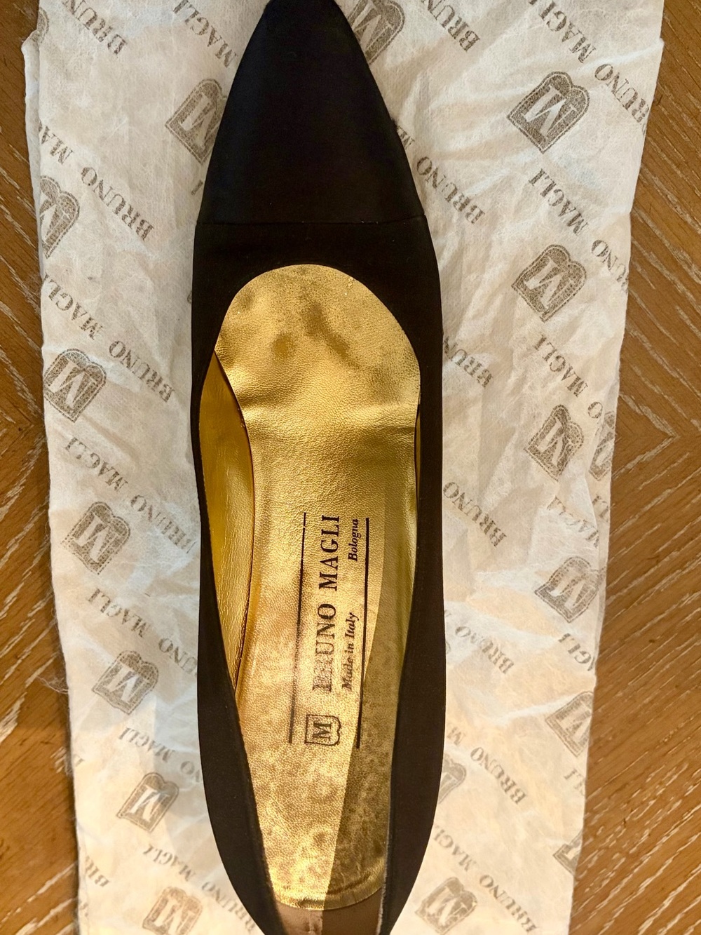 Bruno Magli Black Pointed Toe Flat with Gold Insole
